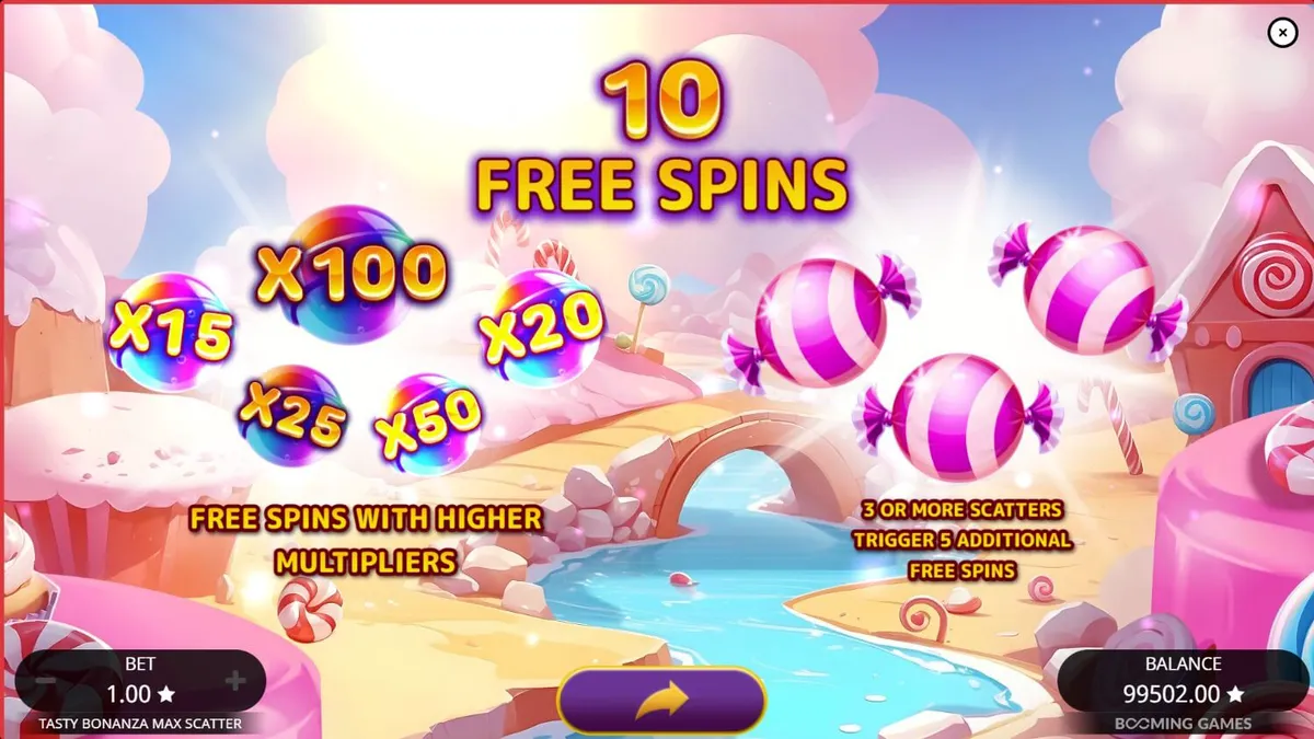 Interface colorida e vibrante do jogo Tasty Bonanza Max Scatter com símbolos de doces
